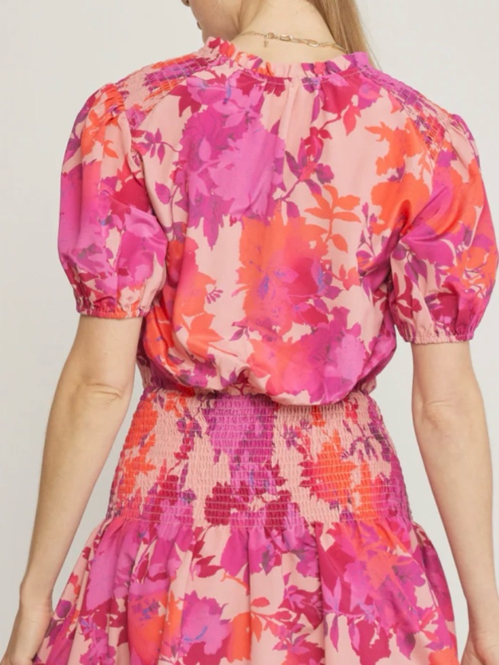 Boutique Vibrant Pink & Coral Floral Smocked Waist Dress by FIRST❤️ LOVE BRB SL4 - Picture 6 of 11